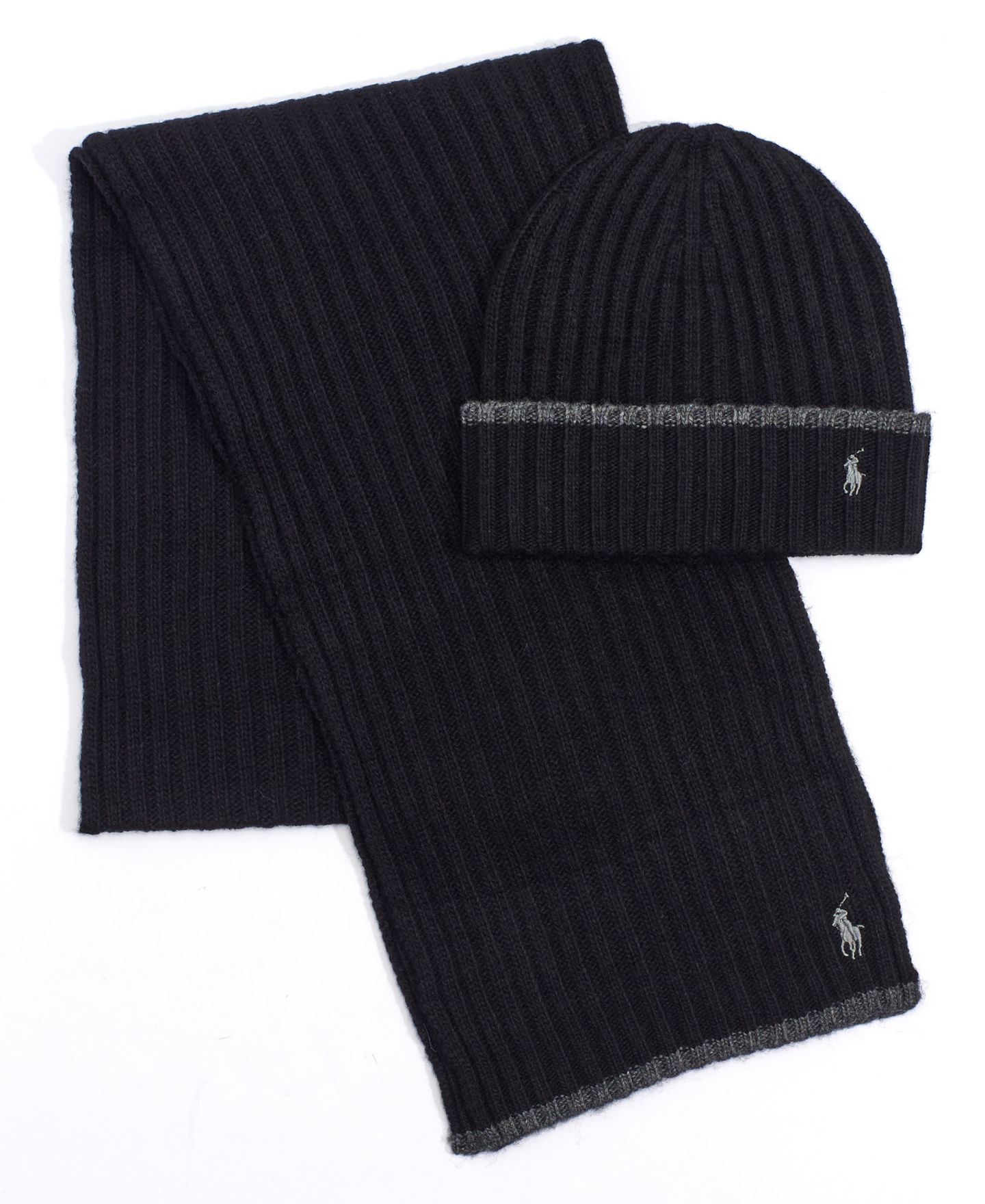 Мужские комплекты Polo Ralph Lauren Classic Ribbed Hat and Scarf, 2-Piece Set, цвет: Чёрный — фото 1