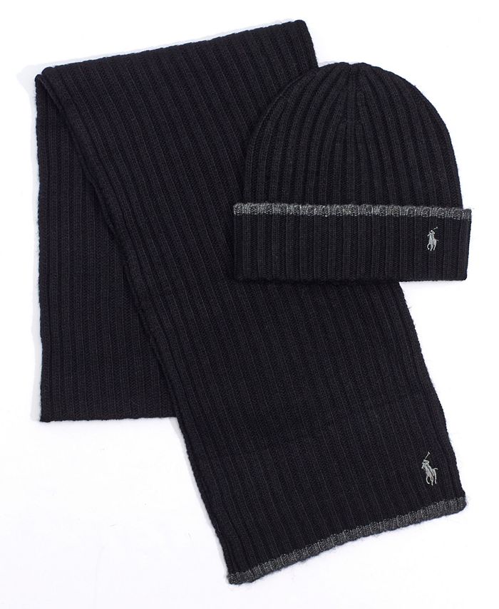Polo Ralph Lauren Men's Classic Ribbed Hat and Scarf Set - RL Black