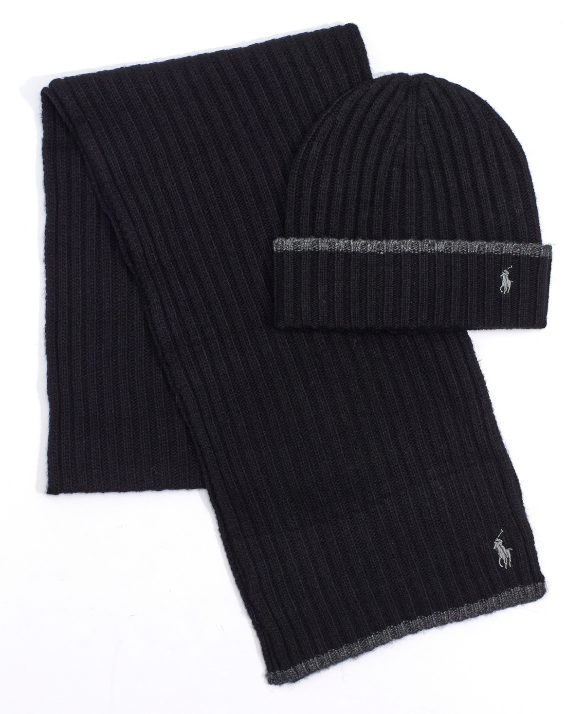 Polo Ralph Lauren Men's Classic Ribbed Hat And Scarf Set In Black