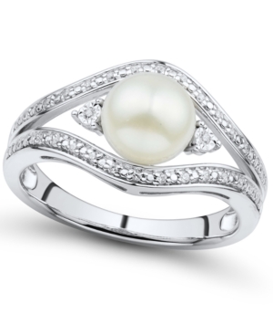 image of Cultured Freshwater Button Pearl (7mm) & Diamond Accent Ring in Sterling Silver