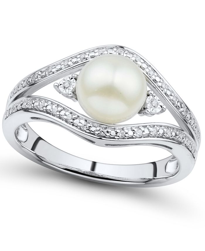 Macy's - Cultured Freshwater Button Pearl (7mm) & Diamond Accent Ring in Sterling Silver