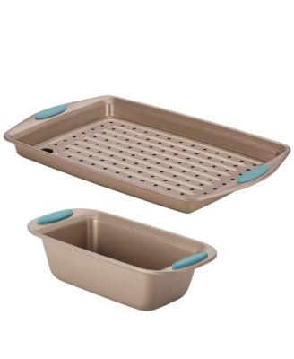 Rachael Ray - Cucina Nonstick Bakeware Crisper Pan and Bread Pan Set, 3-Piece, Latte Brown with Agave Blue Handle Grips