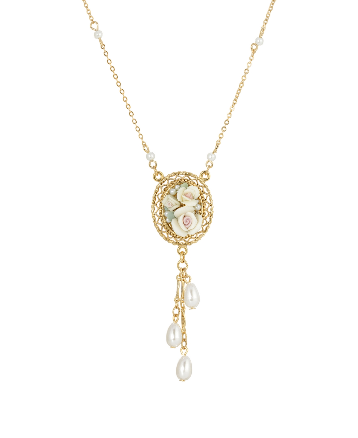 2028 Women's Gold Tone Ivory Porcelain Rose Oval Pendant With Imitation Pearl Drop Necklace In White