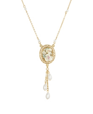 image of 2028 Women-s Gold Tone Ivory Porcelain Rose Oval Pendant with Imitation Pearl Drop Necklace