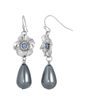 image of 2028 Women-s Silver Tone Blue Crystal Flower with Grey Imitation Pearl Drop Earring