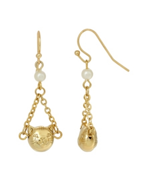 image of 2028 Women-s 14K Gold Dipped Cat Face with Imitation Pearl Chain Drop Wire Earrings