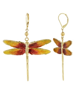 image of 2028 Women-s Gold Tone Orange Enamel Dragonfly Earrings