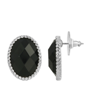 image of 2028 Women-s Silver Tone Black Faceted Oval Button Earrings