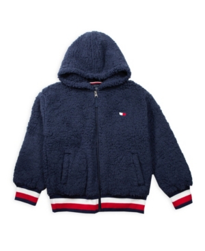 image of Tommy Hilfiger Big Girl Fuzzy Zip Up Hoodie with Heart Flag Patch