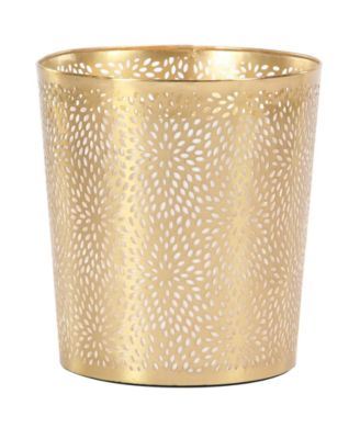 Small, Round, Glam Style Metallic Pierced Metal Waste Basket with Chrysanthemum Pattern