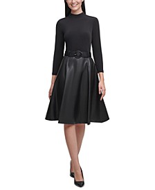 Faux-Leather Mock-Neck Fit & Flare Dress