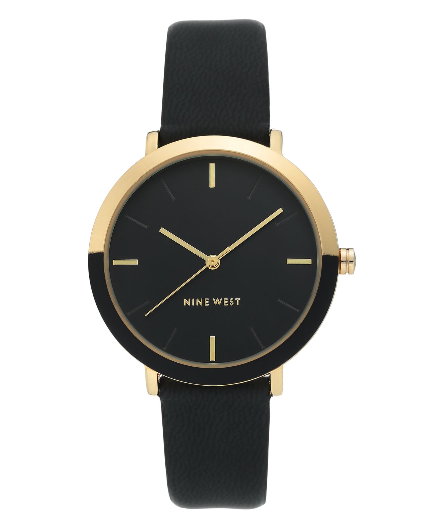 Женские часы Nine West Gold-Tone and Black Strap Watch, 36mm — фото 1