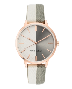 image of Nine West Women-s Rose Gold-Tone and White/Grey Strap Watch, 37mm