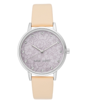image of Nine West Women-s Crystal Accented Silver-Tone and Ivory Strap Watch, 36mm