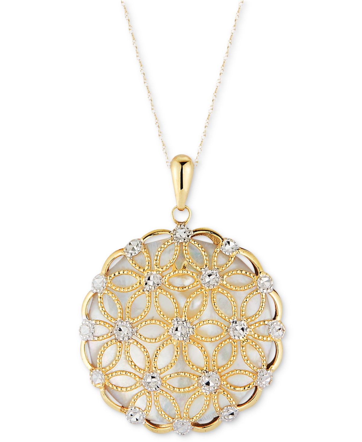 Macy's Mother-of-Pearl Flower Filigree Disc 18" Pendant Necklace in 14k Gold (Also in Onyx and Jade)