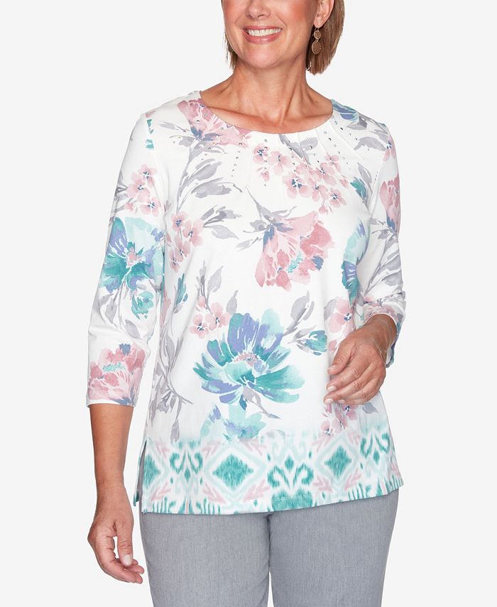 Alfred Dunner Women's Plus Size St. Moritz Border Floral Print Top - Macy's