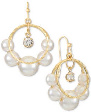 image of Alfani Gold-Tone Crystal Charm & Imitation Pearl Split Hoop Drop Earrings, Created for Macy-s