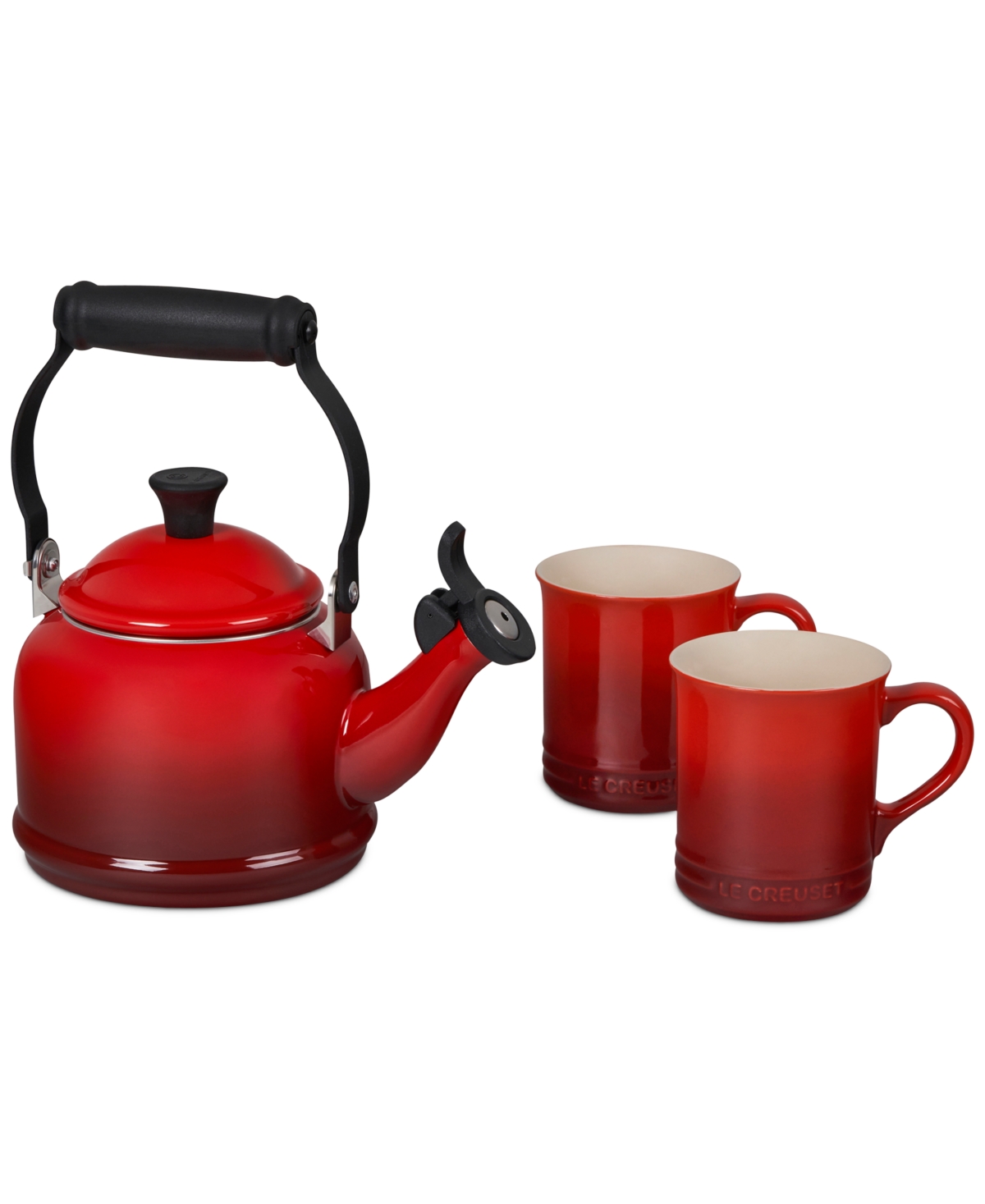 LE CREUSET 3 PIECE DEMI KETTLE AND STONEWARE COFFEE MUG SET