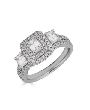 image of Diamond 3-Stone Emerald Cut (1 1/3 ct. t.w.) Bridal Ring with Sapphire (1/10 ct. t.w.) in 14K White Gold