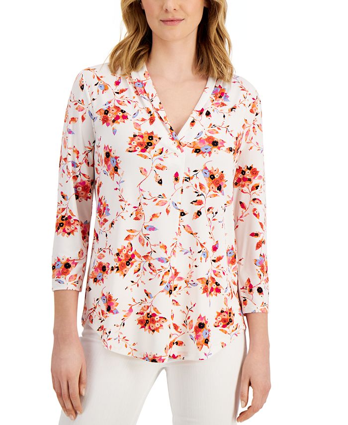 Charter Club Floral-Print Pleated-Neck Top, Created for Macy's - Macy's