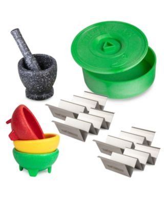 Nostalgia - Taco Tuesday TTTK4 Taco Kit, Includes Tortilla Warmer, 3 Salsa Bowls, 4-Set Taco Shell Holders, Mortar Pestle