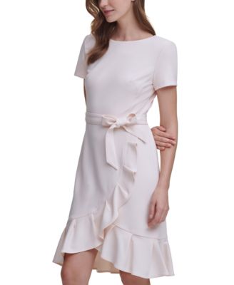 calvin klein short sleeve ruffle tulip hem belted dress