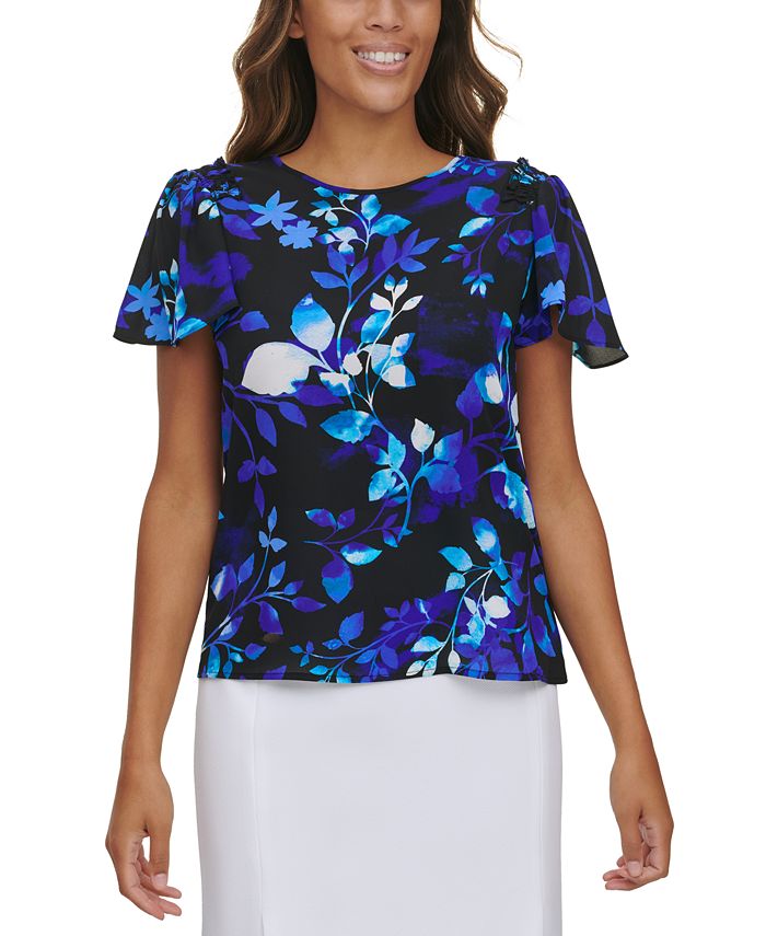 Calvin Klein Floral Ruffled Short Sleeve Blouse & Reviews - Tops - Women -  Macy's