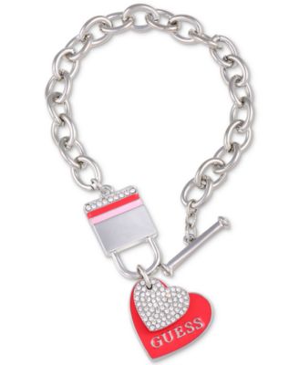 GUESS - Silver-Tone Crystal Heart Charm Toggle Bracelet