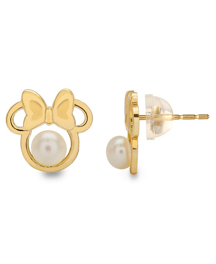 Disney Children's Cultured Freshwater Pearl (4mm) Minnie Mouse Stud Earrings in 14K Gold - Yellow Gold