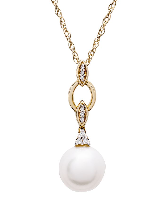 Macy's - Cultured Freshwater Pearl (8mm) and Diamond Accent Pendant Necklace in 14k Yellow Gold