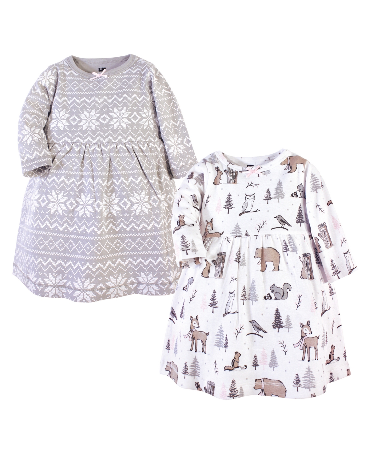 Hudson Baby Baby Girls Cotton Long-Sleeve Dresses 2pk,- Gray winter forest