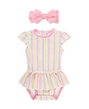 RuffleButts Baby Girls Peplum 1-Piece Swim Bow Headband Set