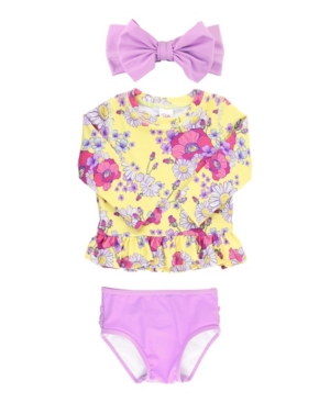 RuffleButts Baby Girls Ruffled 2-Piece Rash Guard Swim Bow Headband Set