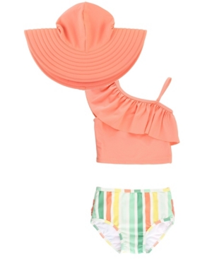 RuffleButts Baby Girls One Shoulder Bikini Swim Hat Set