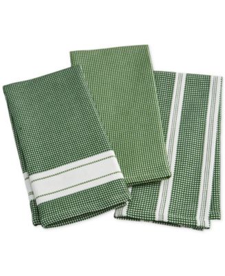 MARTHA STEWART KITCHEN TOWELS (3) DAISIES STRIPES GREEN YELLOW 100% COTTON  NWT