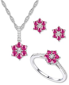 3-Pc. Set Ruby (1-1/4 ct. t.w.) & Certified Diamond (1/8 ct. t.w.) Pendant Necklace, Stud Earrings and Cluster Ring in Sterling Silver