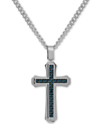 Macy's - Men's Black & Blue Carbon Fiber Cross 24" Pendant Necklace in Stainless Steel