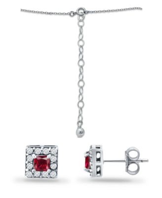 Lab Grown Ruby and Cubic Zirconia Halo Square Pendant and Earring Set, 3 Piece