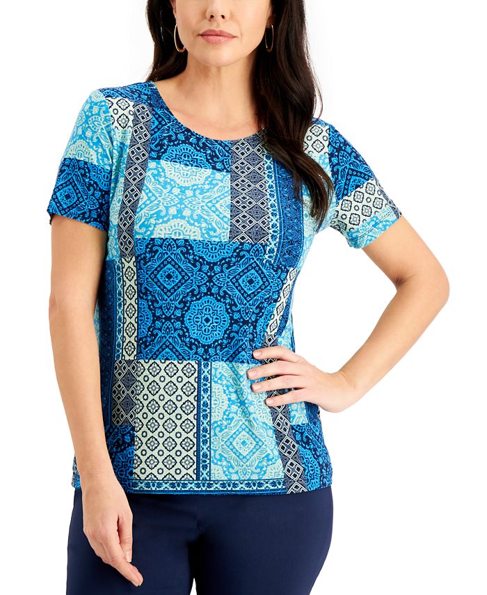 JM Collection Printed Short Sleeve Jacquard Patch Top, Created for Macy ...
