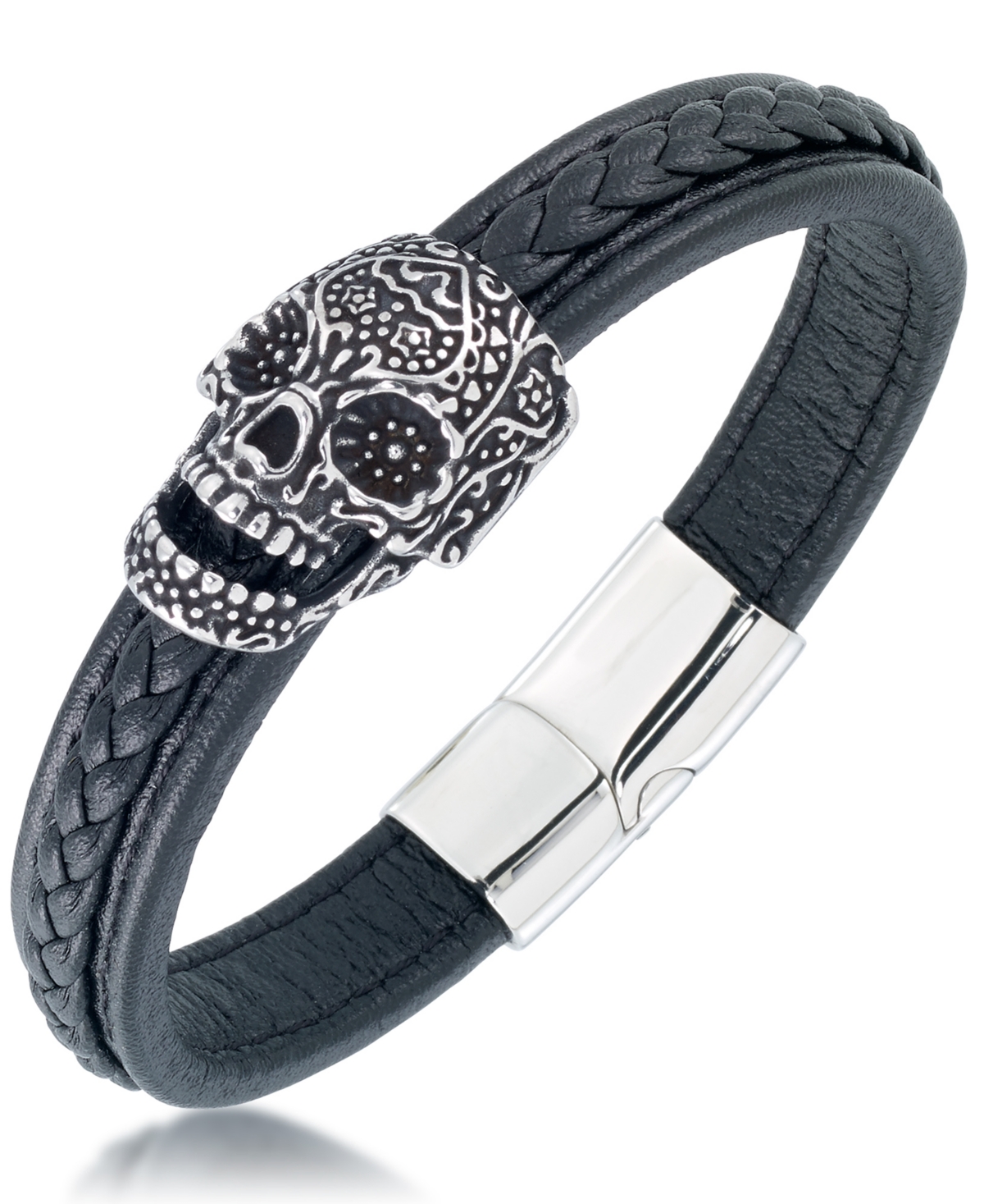 Andrew Charles by Andy Hilfiger Men's Ornamental Skull Leather Bracelet in Stainless Steel