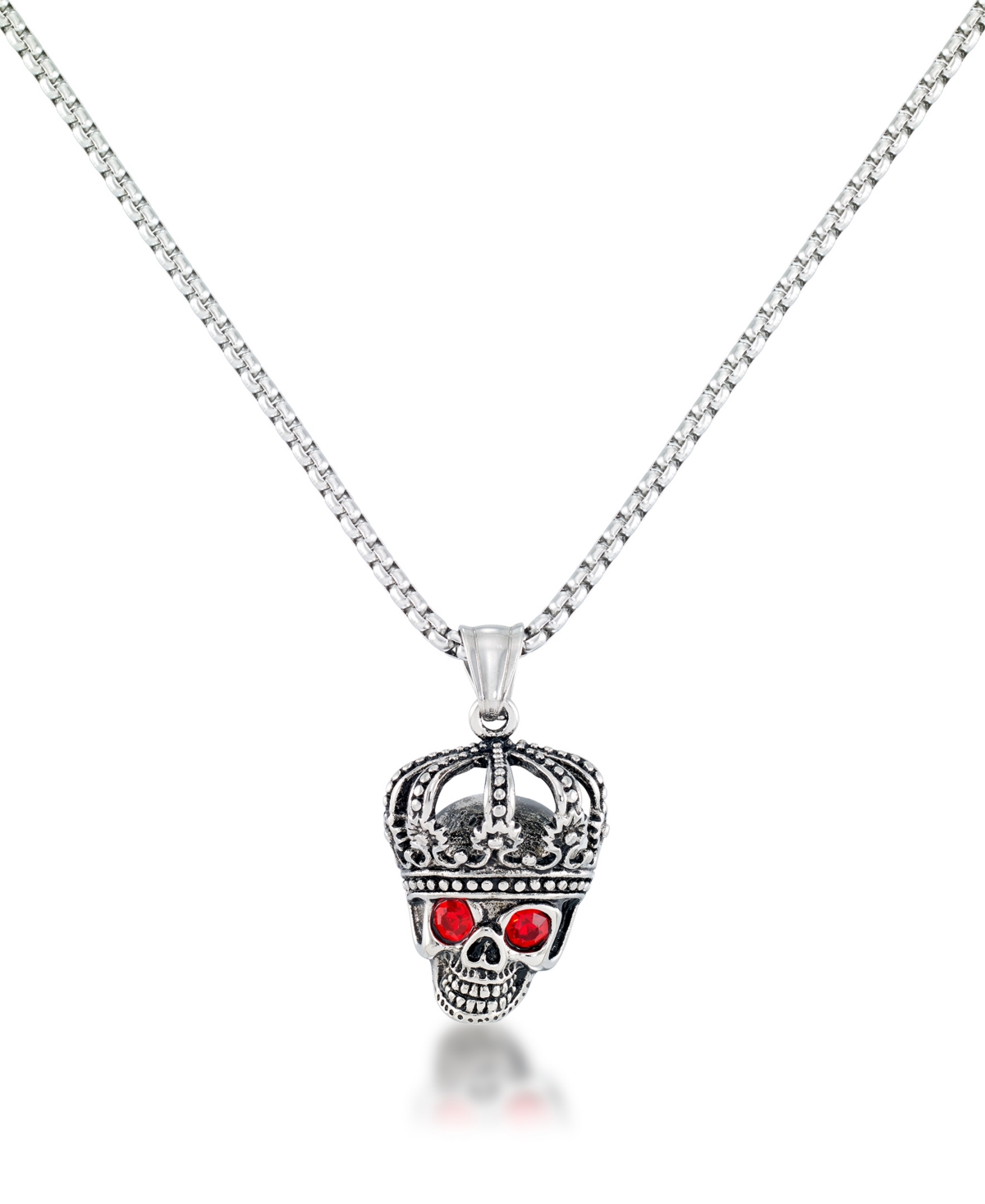 Men's Red Cubic Zirconia King Skull 24" Pendant Necklace in Stainless Steel - Stainless Steel