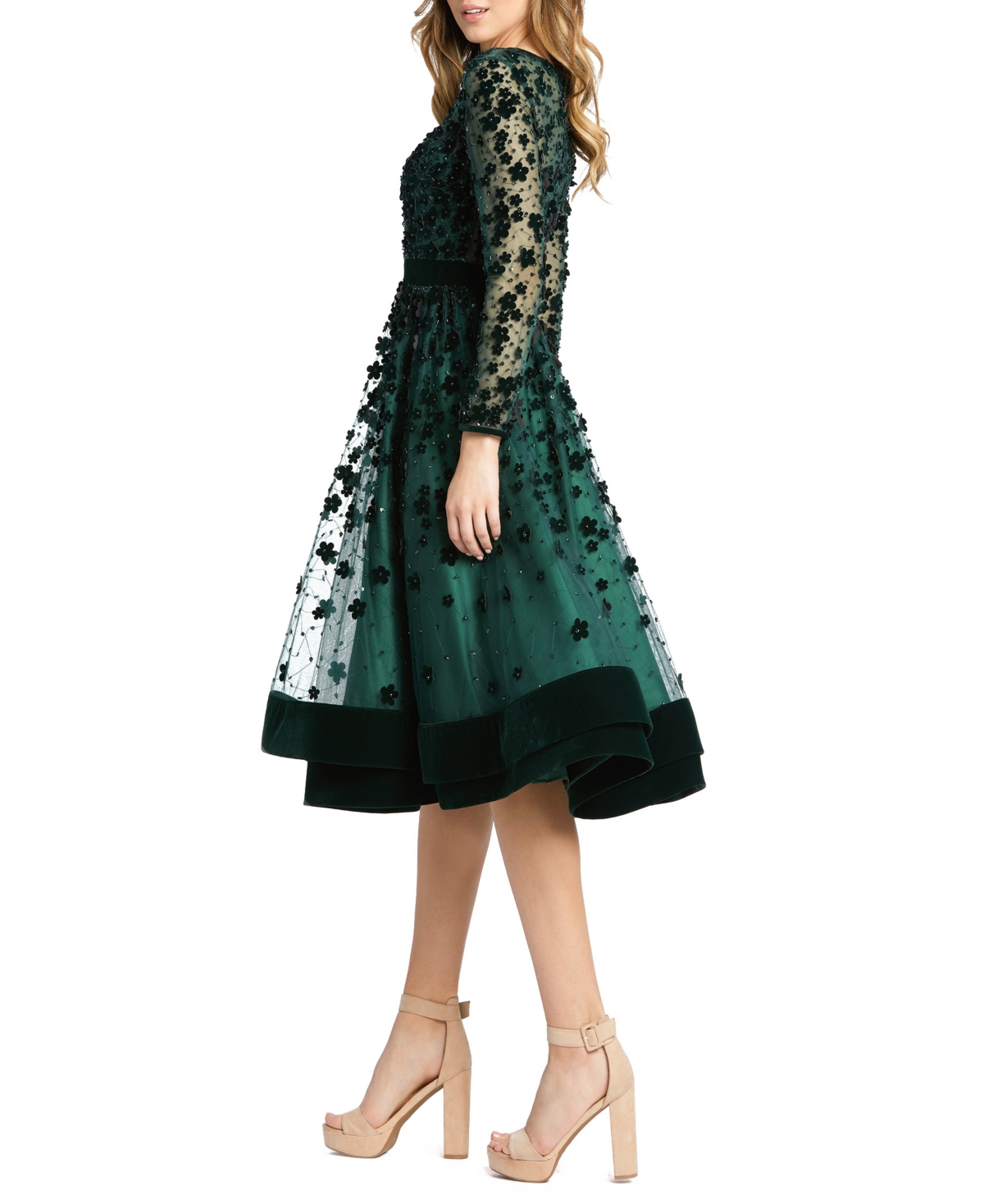 Women's Embellished Illusion High Neck Long Sleeve Fit & Flare Dress