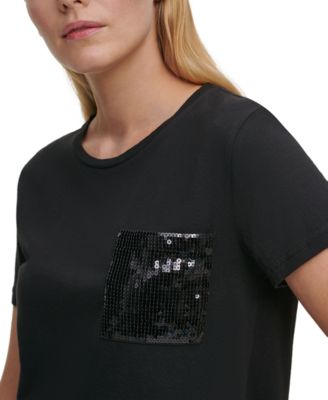 DKNY Women's Basic Short Sleeve T-Shirt - Classic Pocket Tee For Everyday Wear