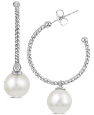 Macy's - Cultured Freshwater Pearl (8mm) Dangle Hoop Earrings in Sterling Silver