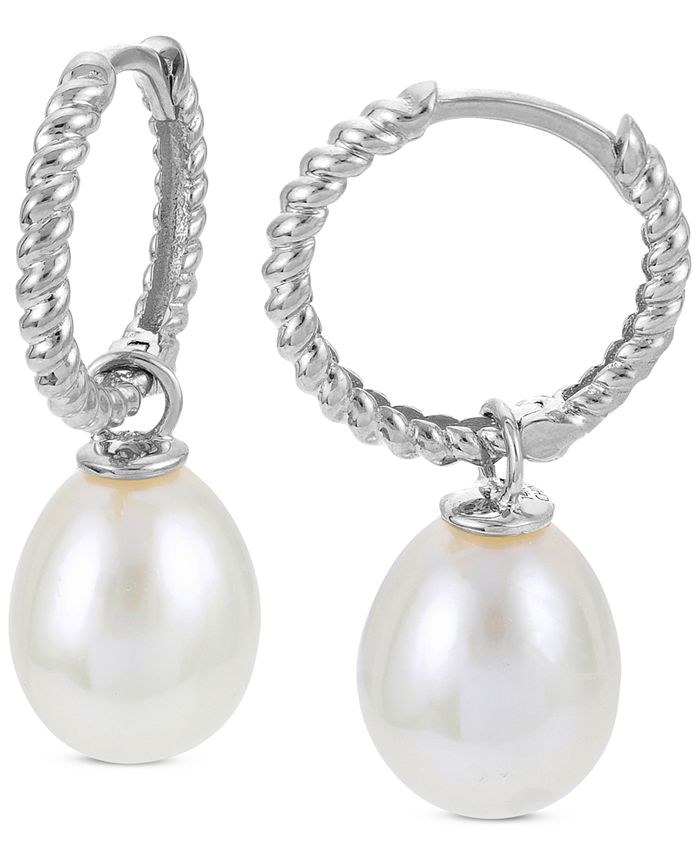 Macy's - Cultured Freshwater Pearl (8-9mm) Dangle Hoop Earrings in Sterling Silver