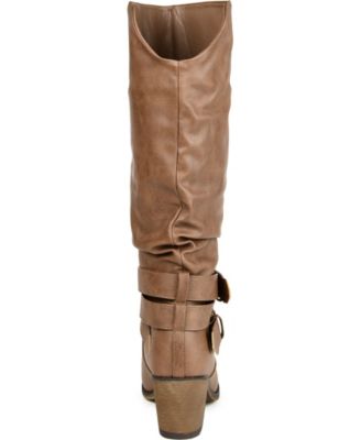 Women's Late Wide Calf Rouched Buckle Mid Shaft Block Heel Boots