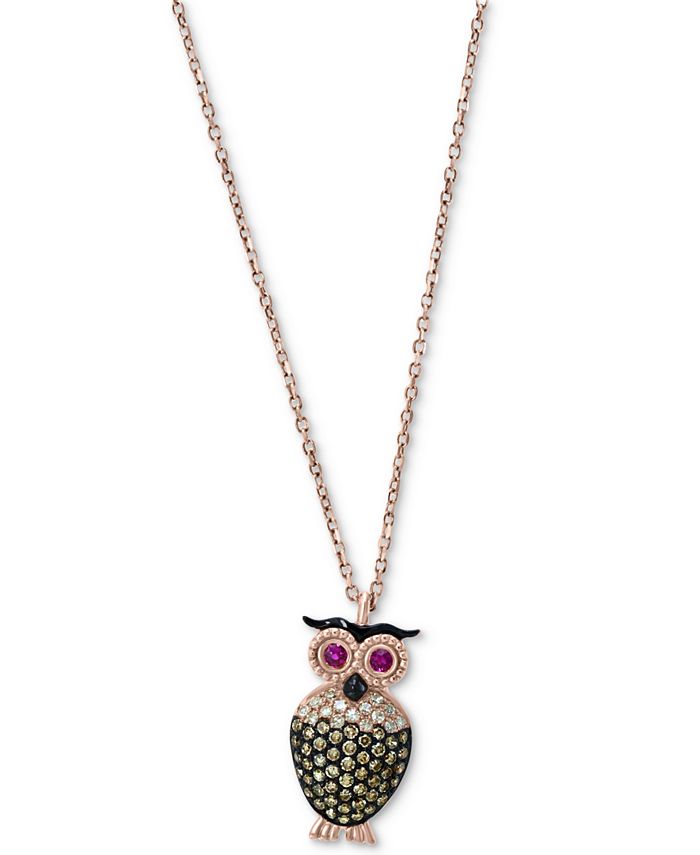 EFFY Collection - Multicolor Diamond (1/4 ct. t.w.) & Ruby Accent Owl 18" Pendant Necklace in 14k Rose Gold