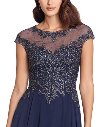 Xscape cap sleeve embroidered hot sale gown