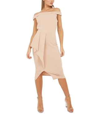 Quiz Ruffled-skirt Off-the-shoulder Dress In Natural