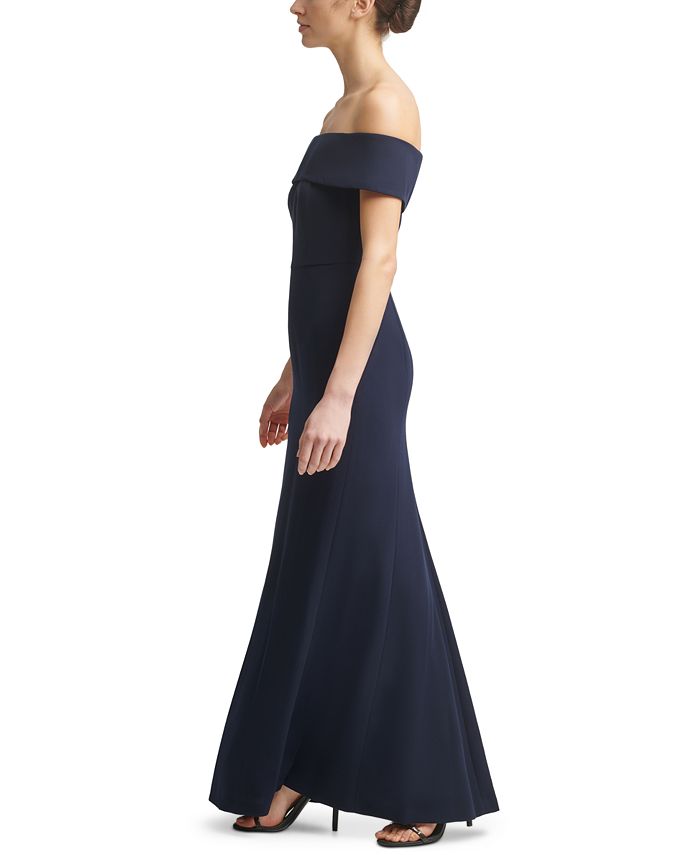 calvin klein off the shoulder crepe gown